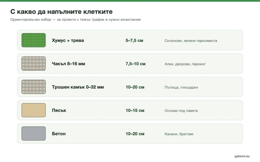 С какво да напълните геоклетките – трева, чакъл, трошен камък, пясък, бетон